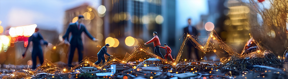 The image shows miniature figures of people in business attire standing and helping each other climb over a path made of electronic components and glowing lines, symbolizing data or technology.