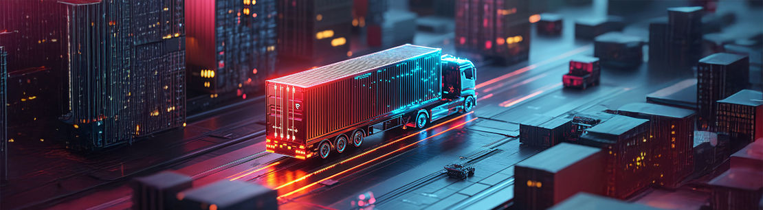 Auf dem Bild sieht man einen modernen Lastwagen mit einem großen Container. Er fährt durch eine futuristische Stadt mit vielen bunten Lichtern in Blau und Rot.