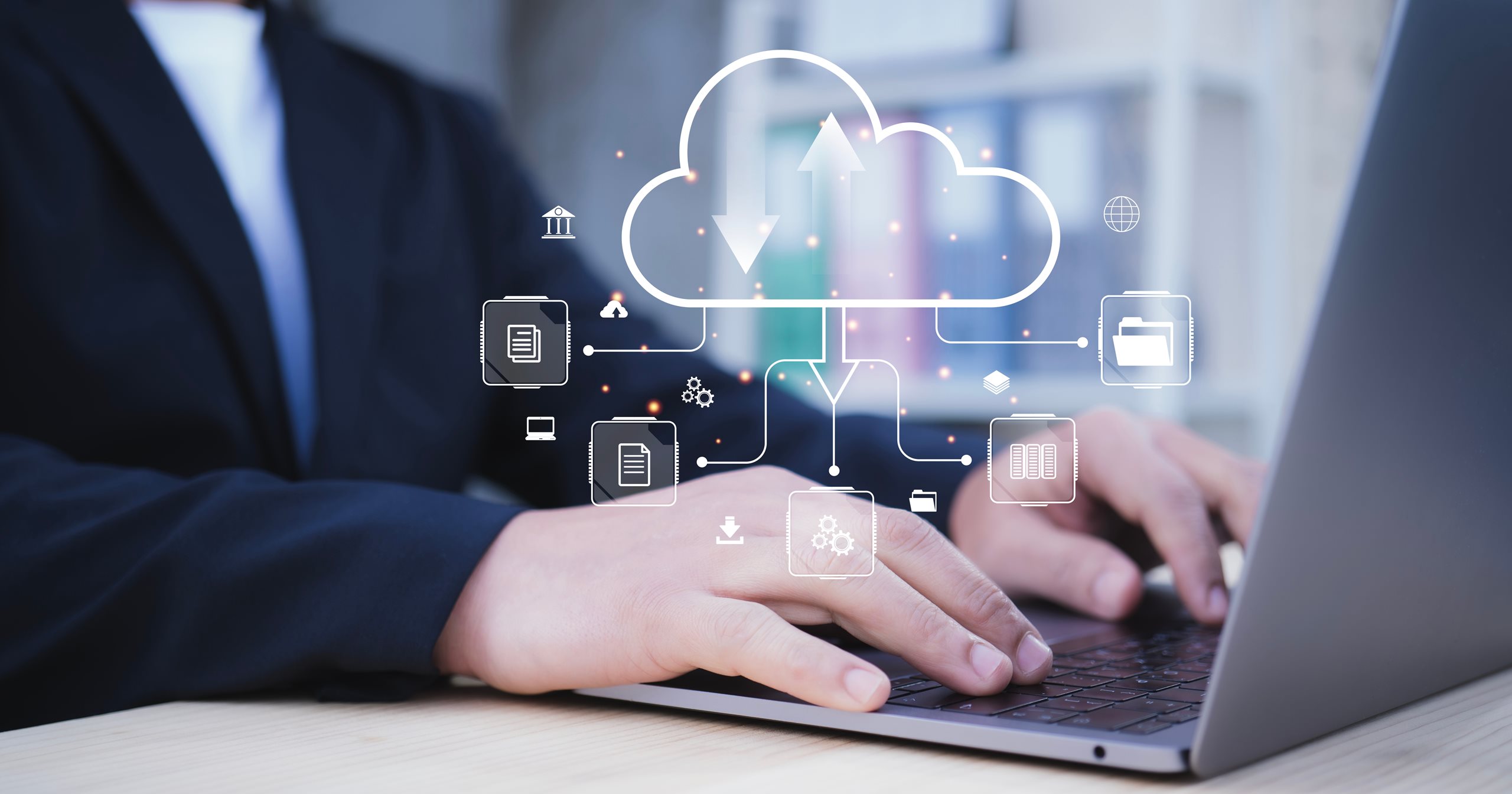 Businessman working of laptop with virtual document management concept, online documentation database and digital file storage system or software, records keeping, database technology, file access