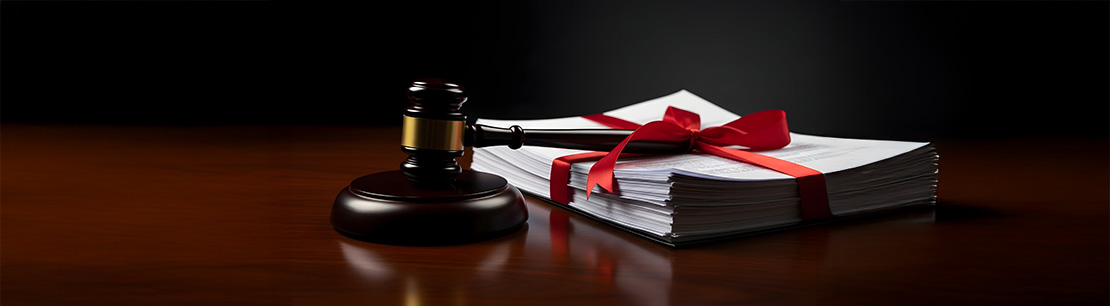 Wooden gavel rests beside a stack of documents tied with a red ribbon on a polished wooden table